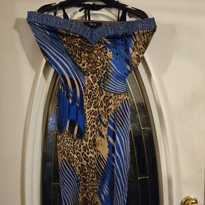 Blue and Leopard Print Off-Shoulder Dress